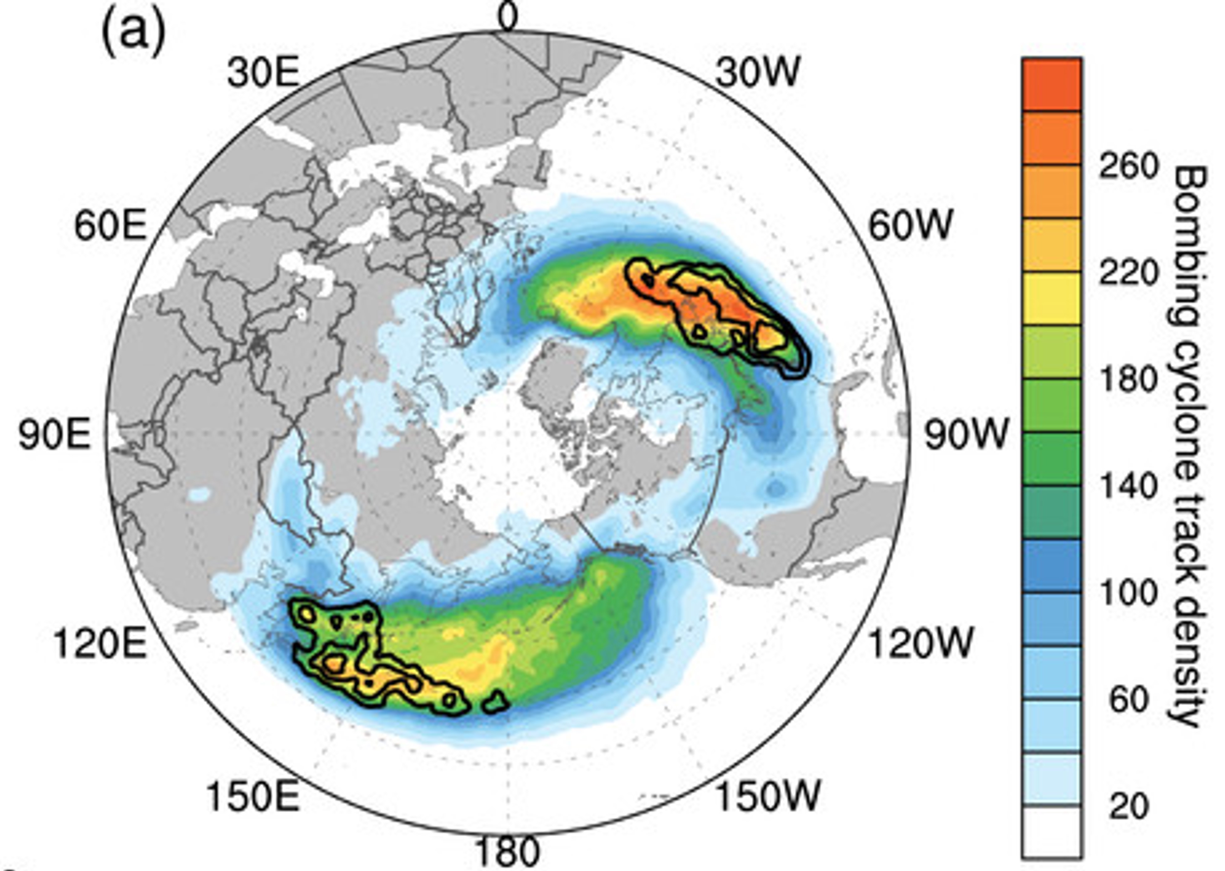 Bomb Cyclone climatology from Attard and Lang (2019). There are two maxima, one over the North Pacific Ocean east of Asia, and one over the North Atlantic east of North America.